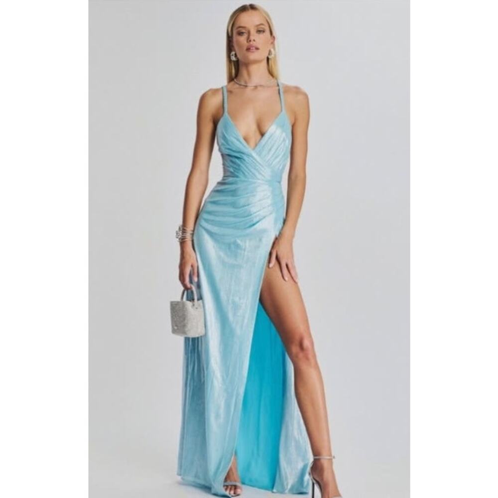 Retrofete Yesi Dress in Blue Silver XXL NWT Metallic Maxi Spaghetti Straps